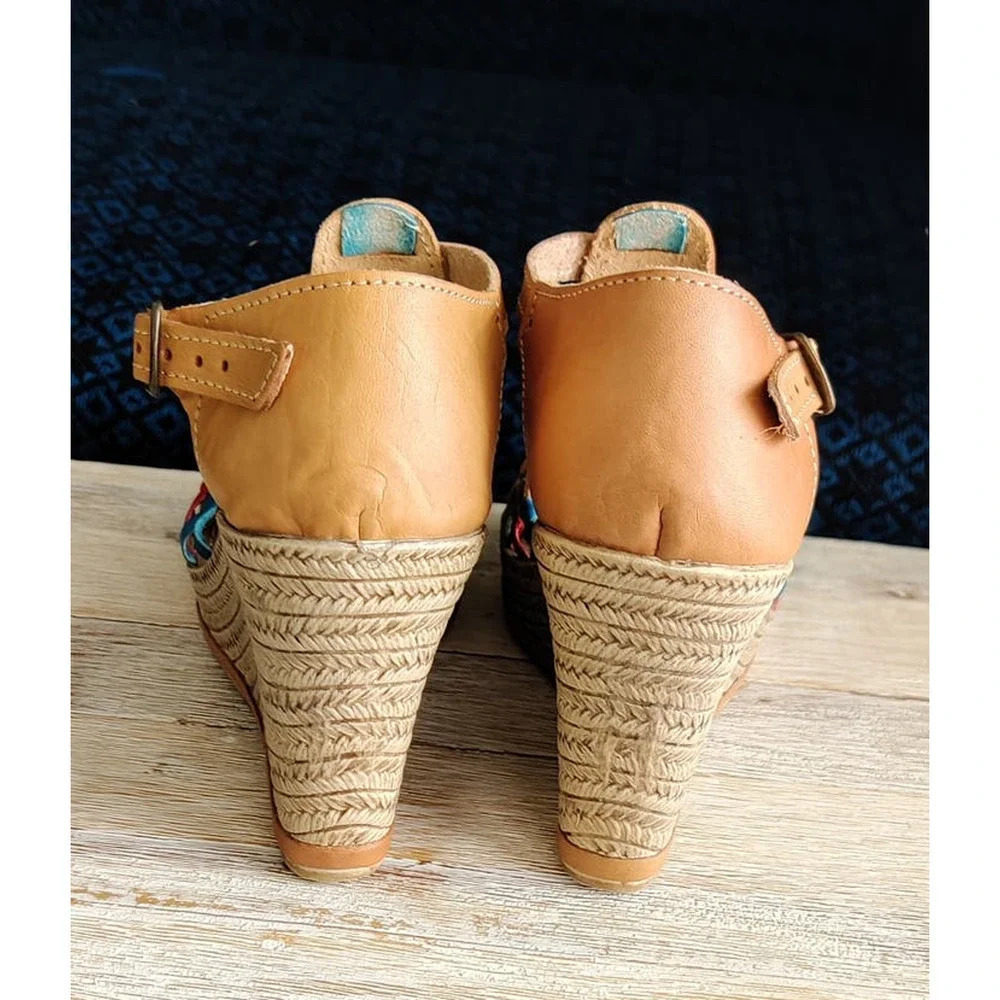 Mexican Platform Espadrille Sandal Huarache Leather Tan with Colorful Accents 7M - Picture 3 of 10